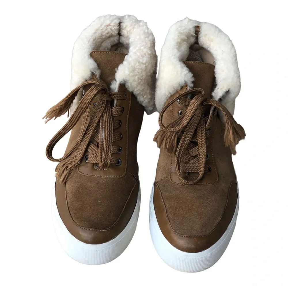Via Spiga Maia Shearling Cuff Sneaker Rattan Napa/Suede‎  Size US 6M.